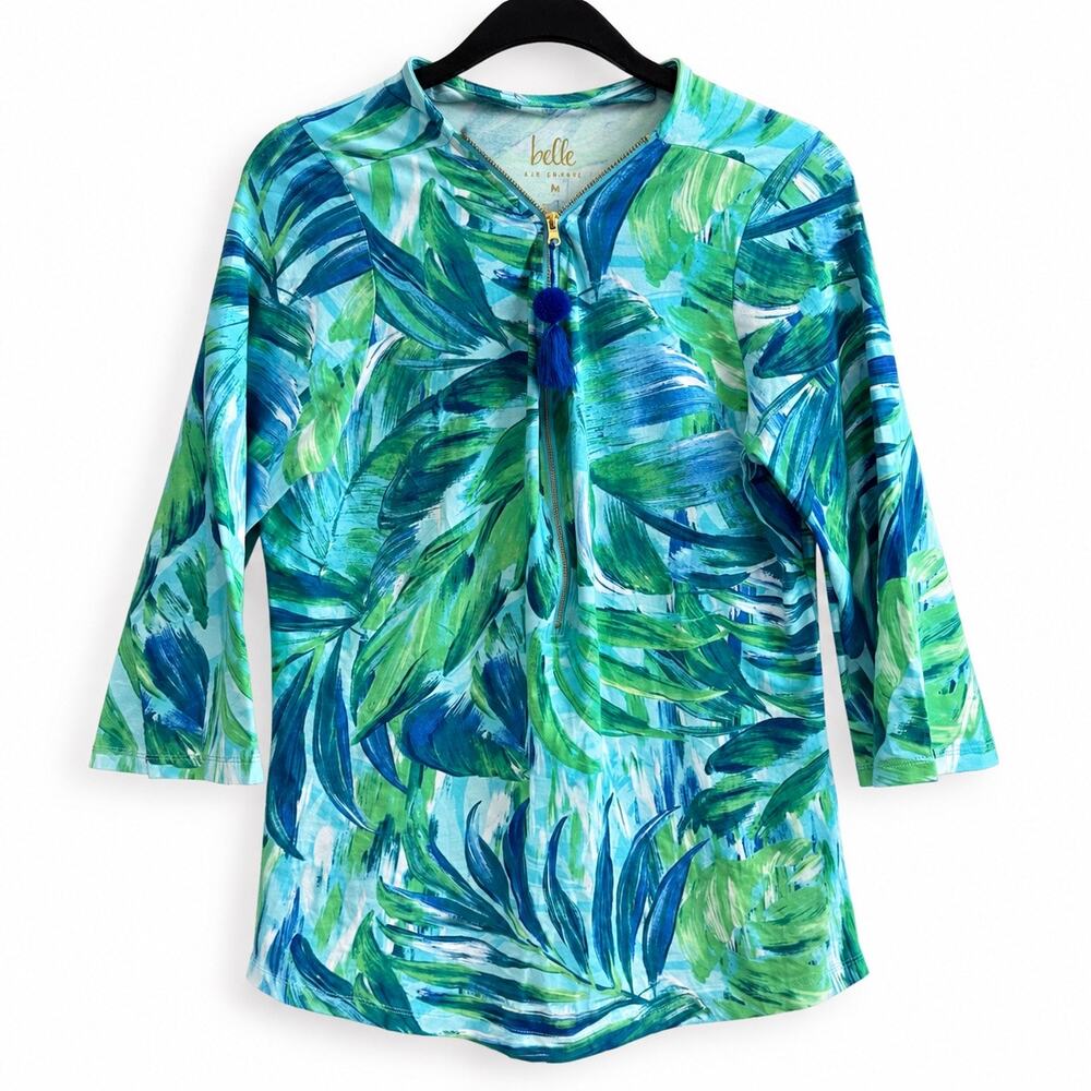 Belle by Kim Gravel Tropical Print Half Zip Tassel Top Size Medium